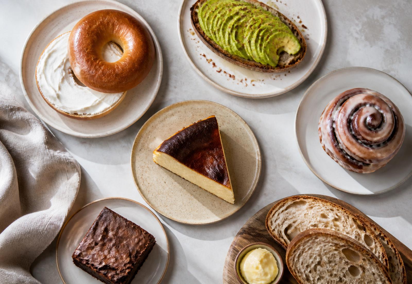 Vários itens do cardápio da Breadbox vistos de cima: bagel, avocado toast, cinnamon roll, tarta basca, brownie e pão