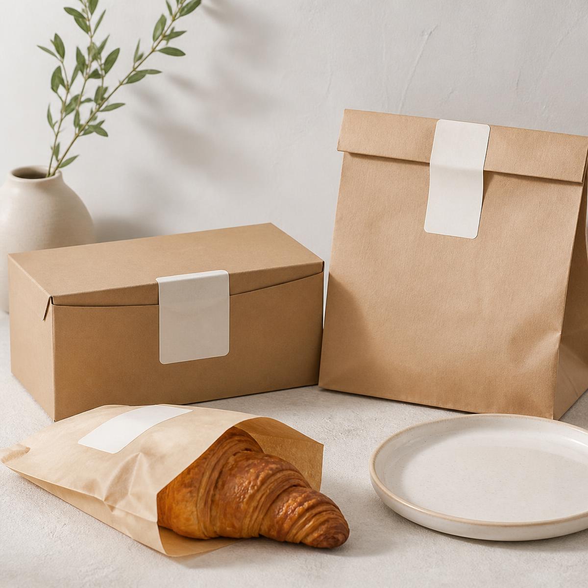 Embalagens de papel da Breadbox com croissant e prato de cerâmica