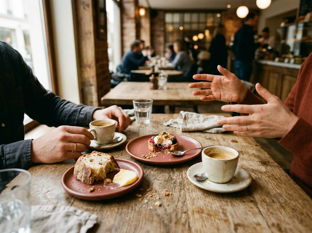 Mesa compartilhada com pão, manteiga e um doce, duas pessoas conversando