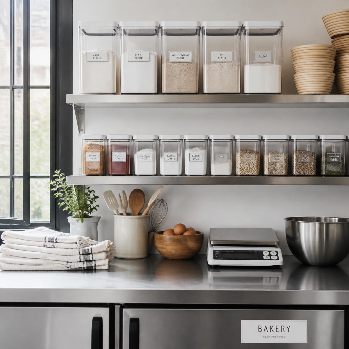 Bancada de produção com ingredientes organizados e identificados