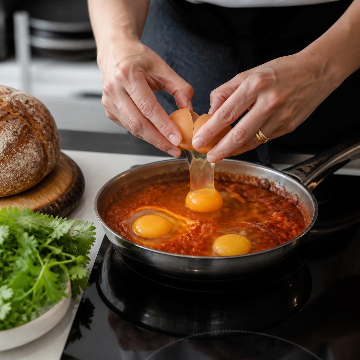Ovos sendo quebrados em uma panela de shakshuka na cozinha